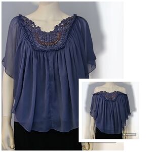 VTG NINE WEST Fairycore Powder Blue Crochet Lace Chiffon Shawl Poncho Blouse